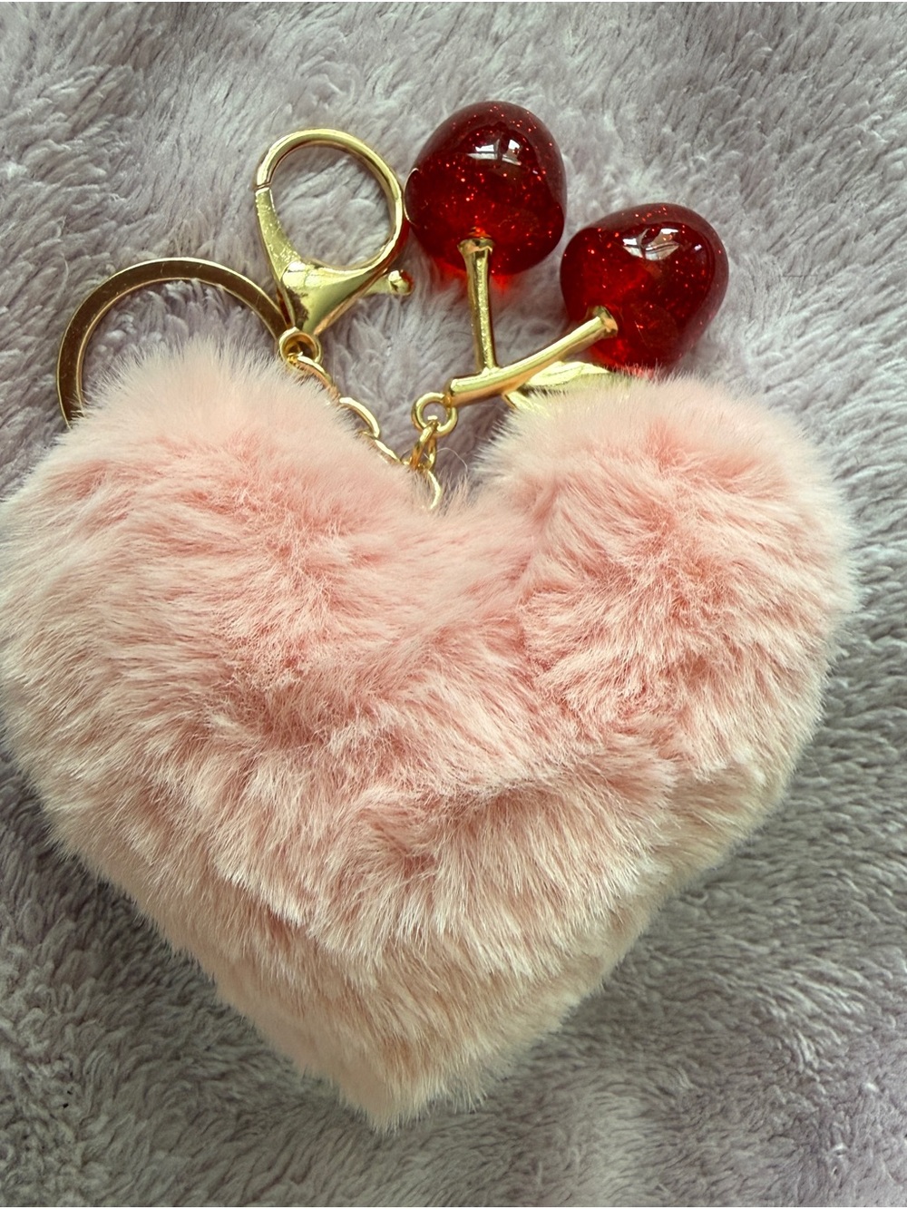 Plush Heart Pink Pom-Pom Keychain Bag Charm with Red Cherry NWOT